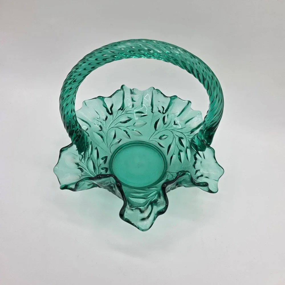 Vintage Fenton Teal Green Ruffled Edge Glass Basket Leaf Pattern Twisted Handle